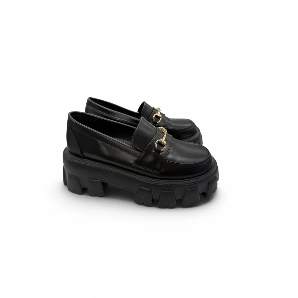 Princess Polly Black Faux Leather Lug Sole Loafers with Gold Hardware